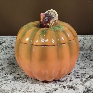 Orange Pumpkin Cookie Jar with Turkey Lid